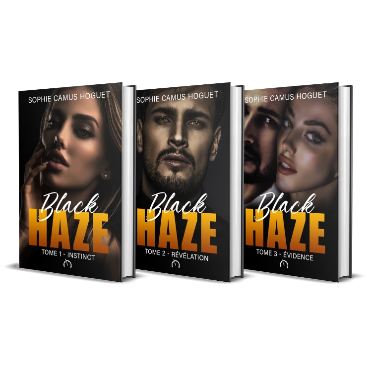 couvertures des romans de la saga black haze, romance à suspense